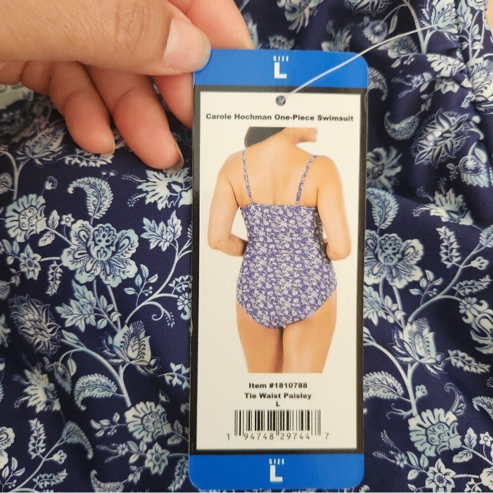 New! Carole Hochman Women Swimsuit Tie Waist Paisley Lined Blue White Large - Picture 8 of 13